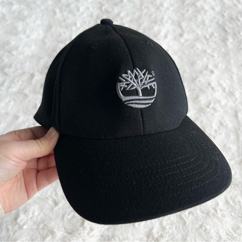 Vintage Timberland Hat Cap Mens OS Black Wool Fitted 90s Tree Logo Outdoor Retro